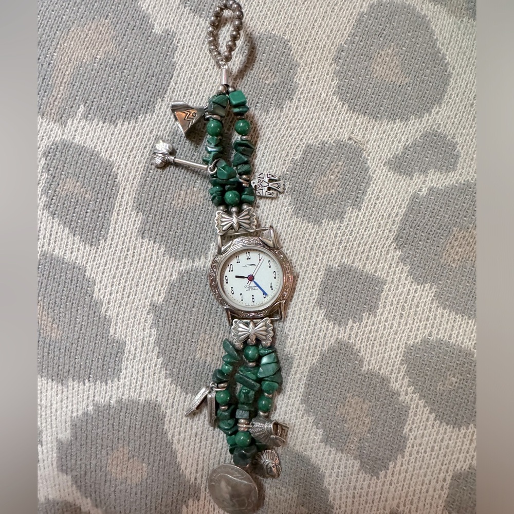 Vintage Peyote Bird sterling Silver & Malachite Buffalo Coin Charm Watch